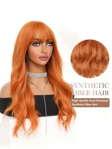 Peluca naranja de 26 pulgadas de largo, rizada con ondas de agua y con flequillo en capas altas, de fibra sintética, para disfraz de Halloween, para mujer, uso diario, fiesta, Navidad, realista, natural, sexy, resistente al calor - Naranja - Ver 8