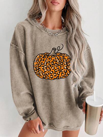 Women's Khaki Halloween Thanksgiving Leopard Pumpkin Graphic Corded Sweatshirt