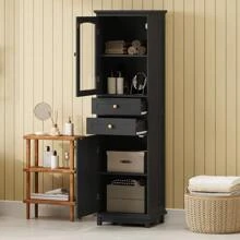 Gabinete de almacenamiento alto para el baño con puertas de vidrio, de pie, con dos cajones y estantes ajustables, de tablero de MDF, pintado en blanco - perfecto para exhibir tus artículos favoritos