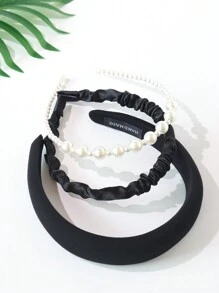 Set de 3 diademas con perlas artificiales, frescas y sencillas - Negro - Ver 2
