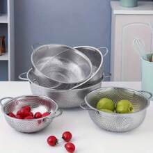 Rây lọc đa năng bằng thép không gỉ - Giỏ lưới dày có tay cầm kép, dùng để ráo nước và rửa sạch trái cây và rau quả - Bạc - Xem 2