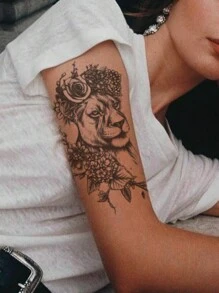 10 piezas/2 piezas Pegatinas de tatuaje desechables realistas de león negro con rosa & hortensia, tatuajes temporales realistas grandes de flores & animales a prueba de agua, pegatinas de decoración corporal sexy para cintura y caderas de mujeres, pegatinas de arte corporal temporal grandes de flores & animales de larga duración - Negro - Ver 6