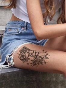 10 piezas/2 piezas Pegatinas de tatuaje desechables realistas de león negro con rosa & hortensia, tatuajes temporales realistas grandes de flores & animales a prueba de agua, pegatinas de decoración corporal sexy para cintura y caderas de mujeres, pegatinas de arte corporal temporal grandes de flores & animales de larga duración - Negro - Ver 7