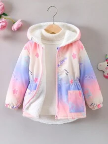 年轻女孩渐变色星星和字母数码印花拉链连帽夹克，加厚衬里，冬季 - 粉色 - 查看 1