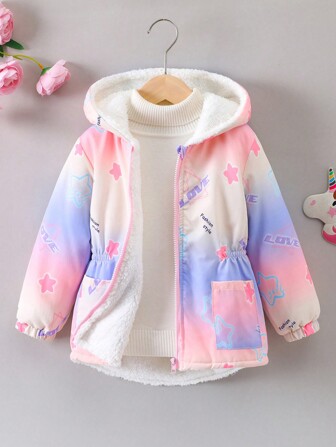 年轻女孩渐变色星星和字母数码印花拉链连帽夹克，加厚衬里，冬季