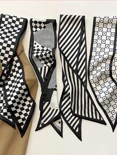 4pcs/Set Elegant Black And White Silk Scarves & Floral Pattern Hairbands,  Multi-Use For Daily Life And Vacation, School Stuff, College, Headbands Fall Winter Hair Band Hair Accessories For Women Women Bandanas Soft Headwrap