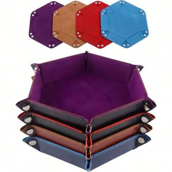 1pc PU Leather Folding Storage Tray, Hexagonal Dice Tray, Dice Holder Storage Box, Plain Desktop Storage Basket For Dice Games, Adult Party Games Suitable For Halloween/Christmas/Thanksgiving