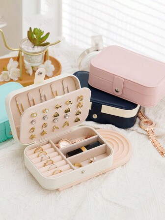 1pc/2pcs Portable Travel PU Leather Jewelry Storage Box Organizer For Earrings, Necklace, Rings, Jewelry Display Case, Suitable For Travel And Home, Gift For Girls, Valentine Gift Back To School