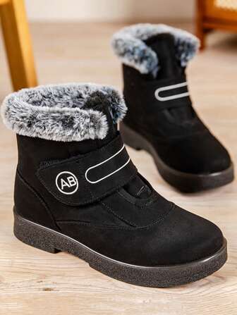 1pair Women Winter Warm Velvet Snow Boots, Ankle Length, Hook-And-Loop Closure, Anti-Slip, Thermal Lined