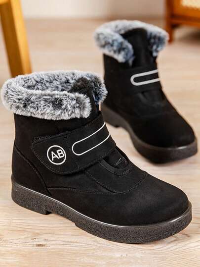1pair Women Winter Warm Velvet Snow Boots, Ankle Length, Hook-And-Loop Closure, Anti-Slip, Thermal Lined