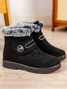 1 par de botas de neve de veludo quentes para mulheres, comprimento até o tornozelo, fecho de , antiderrapante, forro térmico - Preto - Ver 2