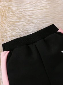 2 件装新生女童春秋字母印花圆领拼接彩色上衣 + 长裤休闲装