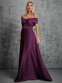 1pc Satin Off-Shoulder Asymmetrical Ruched Dress, Elegant Bridesmaid Dress - Purple - View 2