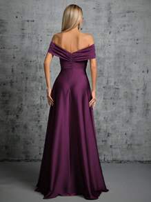 1pc Satin Off-Shoulder Asymmetrical Ruched Dress, Elegant Bridesmaid Dress - Purple - View 4