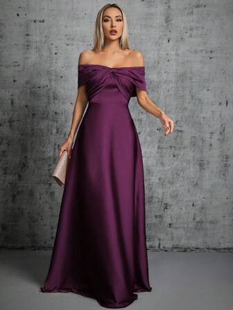1pc Satin Off-Shoulder Asymmetrical Ruched Dress, Elegant Bridesmaid Dress