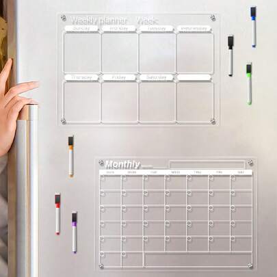 1 块 3D 磁性亚克力干擦板（附带 6 支白板笔）每周计划日历留言书写板、可擦除磁性冰箱贴纸、家庭留言便签展示板最佳礼物