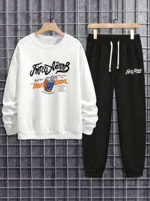 2pcs Men Autumn New Letter Print Sweatshirt And Drawstring Waist Pants Set - White - View 2