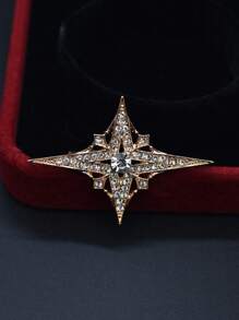 1 pièce Broche étoile dorée étincelante élégante, accessoire de bijoux haut de gamme avec quatre pointes angulaires incrusté de strass, petits diamants multi-couches les entourant, accessoire mode pour soirée