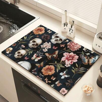 1pc Halloween Decor, Home Decor, Floral Skull & Butterfly Print Kitchen And Bathroom Absorbent Mat, Striped And Plaid Design, Faucet Splash Guard And Drain Mat