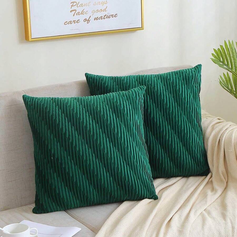 1pc Ultra Soft Velvet Pleated Stripe Decorative Throw Pillow Cover, Luxurious Modern Square Textured Bohemian Stripe Square Full Set, Suitable For Sofa, Bedroom, Leisure Living Room, Car, Office, Cafe And Other Leisure Spaces, Suitable For All Seasons - Emerald Green - View 1