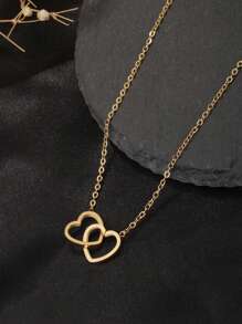 1 Stück Edelstahl Doppel-Kreis-Herz Anhänger Halskette, 18K Goldfarben Doppel-Herz Charm, geeignet für den täglichen Gebrauch für Frauen am Valentinstag - Gold - Übersicht 6