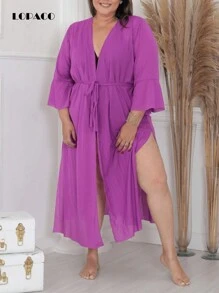 Kimono Beach Cover-Up PLUS SIZE Kimono With Drawstring ELEGANT Women's Fashion. - 紫色 - 查看 6