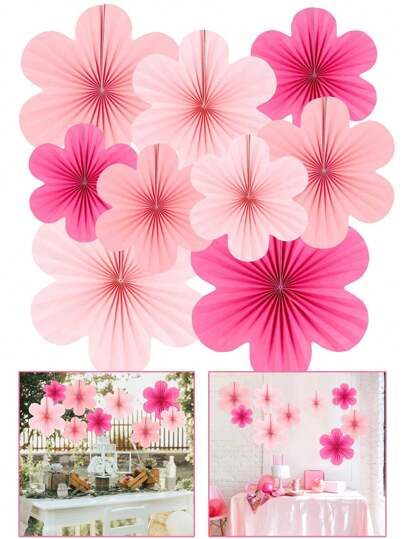 Set de 9 decoraciones de papel - Decoraciones colgantes de flores rosas, abanicos y fondos florales para bodas, cumpleaños, decoración interior de sala de estar, dormitorio y talla grande!