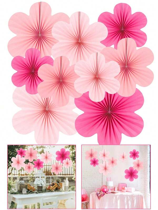 9pcs- Paper Decorations, Set Of 9 - Pink Flower Hanging Decorations, Party Fans And Floral Backdrops For Weddings, Birthdays Indoor Living Room Bedroom Decorations And More!