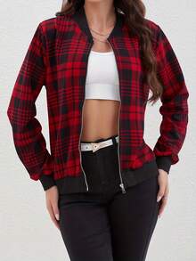 Women's Red Plaid Bomber Jacket, Spring/Autumn - Multicolor - View 3