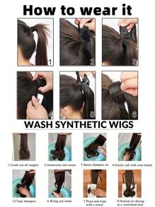 黑色马尾辫接发，卷曲马尾辫接发，轻盈蓬松假马尾接发带发带，20 英寸女士长款环绕式柔软合成假发 - 彩色 - 查看 9