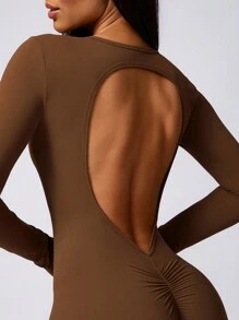 MASKERT Bộ đồ liền thân bó sát tay dài cho nữ Bộ đồ liền thân tập yoga cho nữ Bộ đồ liền thân thể thao tay dài nhanh khô Độ đàn hồi cao Bộ đồ định hình - Màu nâu Sô-cô-la - Xem 3