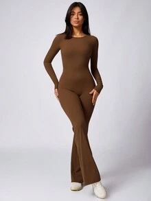 MASKERT Bộ đồ liền thân bó sát tay dài cho nữ Bộ đồ liền thân tập yoga cho nữ Bộ đồ liền thân thể thao tay dài nhanh khô Độ đàn hồi cao Bộ đồ định hình - Màu nâu Sô-cô-la - Xem 5