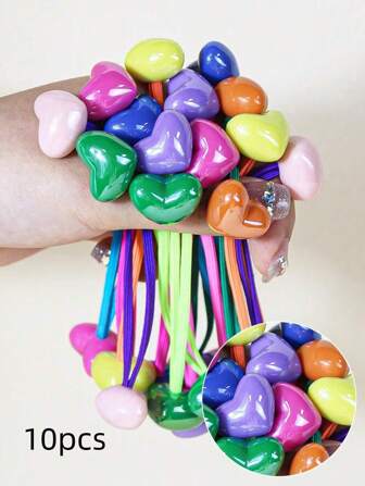 10 件弹力发带糖果色仿珍珠装饰防损伤发饰，适合日常使用情人节马尾辫固定器发圈橡皮筋发圈发绳弹性发带、发球、健身运动装