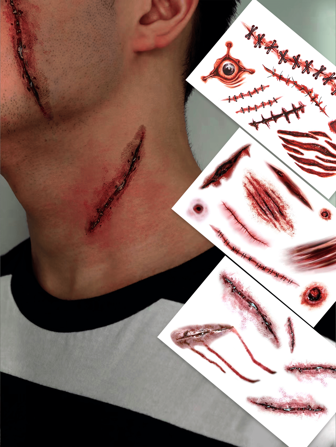 3pcs Halloween Scar Wound Temporary Tattoos, For Face, Neck, Hands, Arms, Body Parts