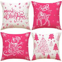 4 件粉色雪花、雪人、驯鹿、圣诞树、铃儿响叮当圣诞亚麻抱枕套，45x45 厘米，适用于房间/卧室/沙发装饰（不含枕芯） - 彩色 - 查看 1