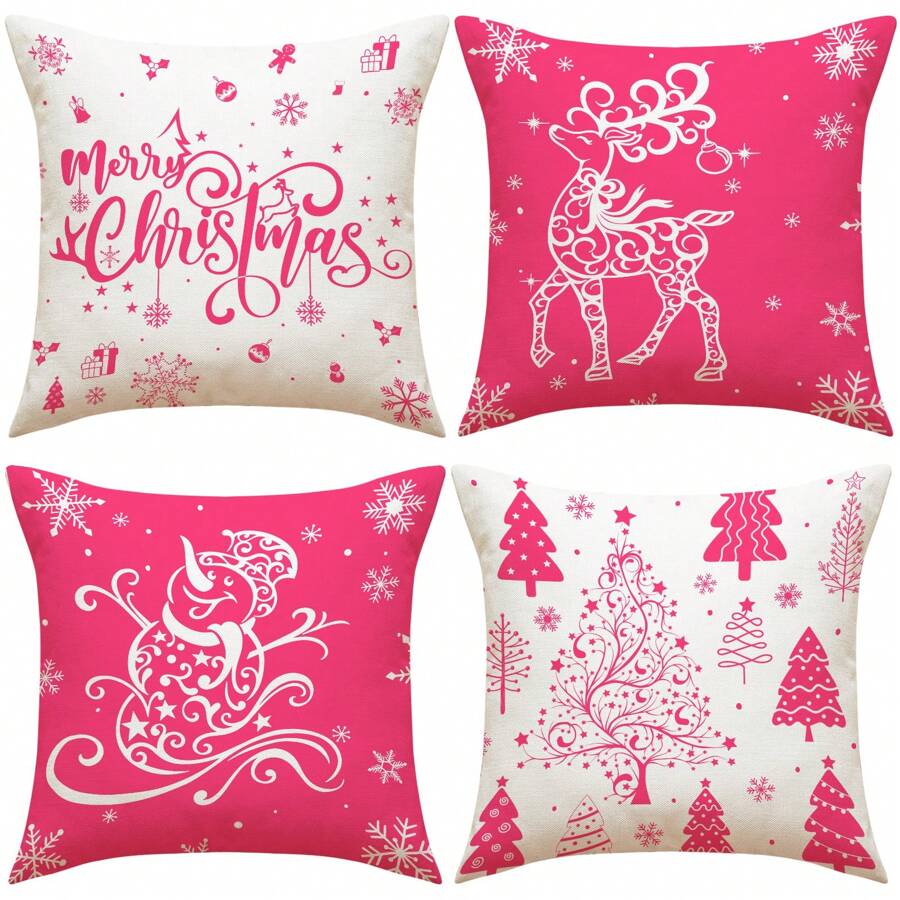 4 件粉色雪花、雪人、驯鹿、圣诞树、铃儿响叮当圣诞亚麻抱枕套，45x45 厘米，适用于房间/卧室/沙发装饰（不含枕芯） - 彩色 - 查看 1