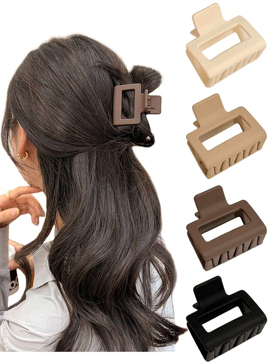 4 件中号女式黑色、白色、棕色、卡其色 2 厘米方形塑料发夹，时尚百搭优雅简约纯色发饰，适合日常、休闲、派对、通勤、度假、洗脸、化妆、服装搭配、发爪、爪夹、发夹、发夹秋冬 - 彩色 - 查看 1