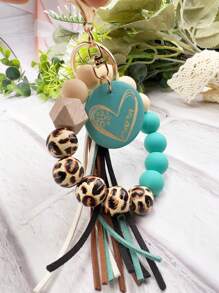 1pc Leopard Wooden Bead Silicone Bead Korea Tassel Charm Heart Wood Slice Wrist Phone Cord, Bag Charm, Key Chain Accessory, Mother's Day Gift Gifts For Mother, Family, Friends, Birthday, Holiday Phone Charm, Phone Chain