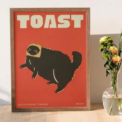单幅帆布海报，黑猫数码墙画，趣味猫咪海报，可爱小猫插画，送给爱猫人士的礼物，猫咪吃面包墙饰，无框