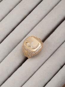 1 件女式嘻哈风格全水钻 18K 镀金首字母阿拉伯字母开口戒指 - 金色 - 查看 18