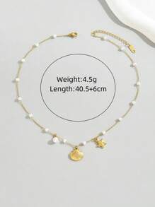 1pc Women's Stainless Steel 18K Gold Plated Pearl, Seashell & Starfish Necklace Fashionable Jewelry - Gold - View 4