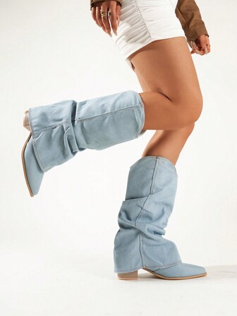 Fall/Winter 2025 Western Style Pointed Toe Stacked Heel Tall Shaft Boots For Women, Retro Leg Boots,Cowboy Boots