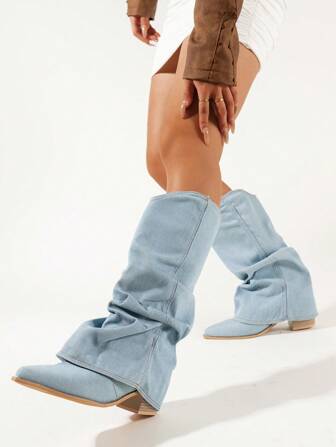 Fall/Winter 2025 Western Style Pointed Toe Stacked Heel Tall Shaft Boots For Women, Retro Leg Boots,Cowboy Boots