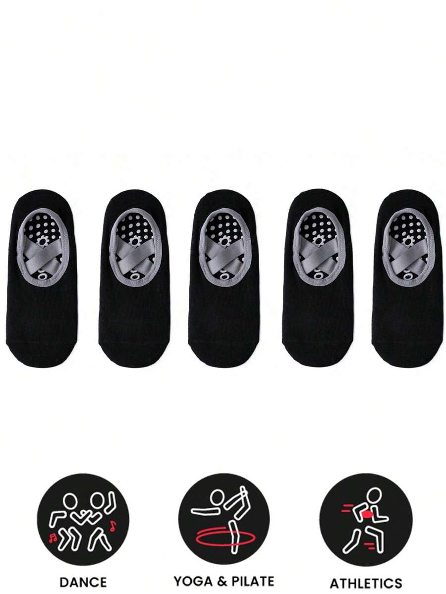 运动户外 5 双女式加垫缓冲防滑防滑握把瑜伽普拉提芭蕾舞 Barre PiYo 袜子 - 黑色 - 查看 1