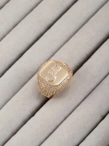 1 件女式嘻哈风格全水钻 18K 镀金首字母阿拉伯字母开口戒指 - 金色 - 查看 21