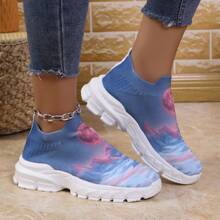 Spring Autumn New Halloween Party Day Of The Dead Fashionable Lightweight Anti-Slip Thick Bottom Durable Flat Low Heel Round Toe Breathable Knitted Embroidered Printed Comfy Slip-On Flat Casual Shoes For Women Office Wear