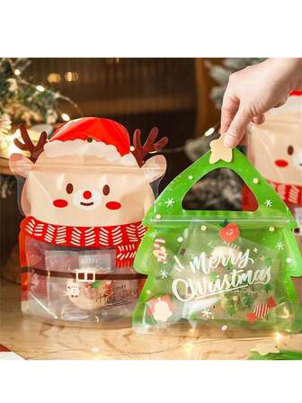 10 piezas Bolsas de caramelos selladas con diseño de árbol de Navidad y renos, adecuadas para empaquetar galletas, caramelos, pan, bocadillos, chocolates, galletas y rollos de caramelo, pequeños regalos, decoraciones navideñas, papel de regalo de Navidad, suministros para fiestas navideñas, bolsas de regalo de Navidad y pegatinas navideñas