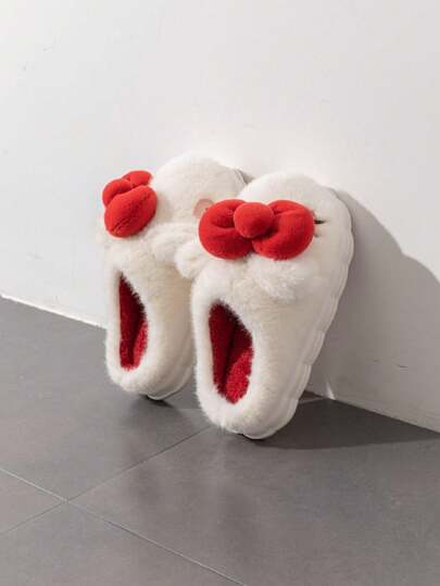 Red Bow Design Women Slippers, Soft & Comfortable Indoor Home Shoes, Fashionable Influencer Style, White Women Shoes