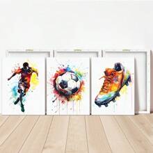 3pcs Bez Ramki Płótna Poster Abstrakcyjny Piłka nożna Sportowiec Sztuka ścienna Nowoczesny  Akwarela Piłka nożna Nadruk Idealny Prezent Dla Sypialnia Dekoracje Salon Dekoracje Rama
