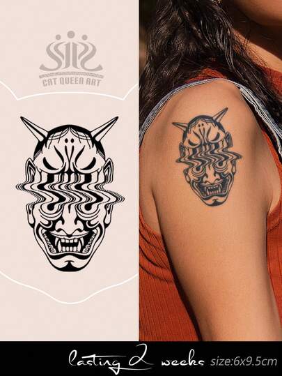 临时纹身贴纸，极简抽象面具设计，适用于Y2K音乐节、情人节、狂欢节、DIY派对礼物，防水防褪色，可持续1-2周，天然植物成分，逼真仿真纹身贴纸，可用于手指、耳朵、肩膀、脖子、锁骨等部位。
